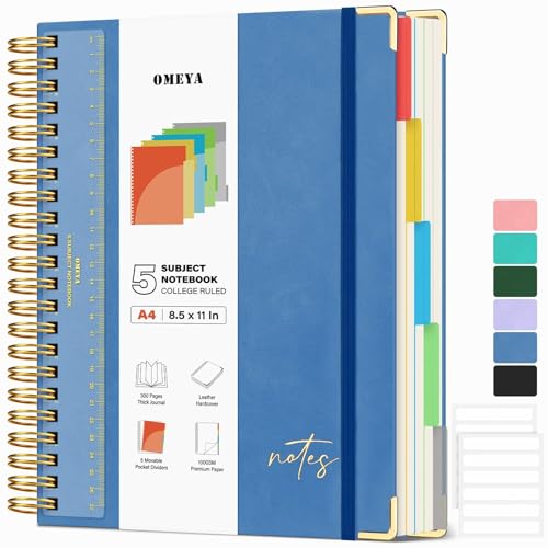 Hardcover Spiral Notebook 8.5" x 11": Leather 5 Subject Notebooks College Ruled with Pocket Dividers & Ruler, 300 Pages 100GSM Thick Writing Journal for Women, Large A4 Lined Notebooks for Work School - color: Dark Blue, size: A4