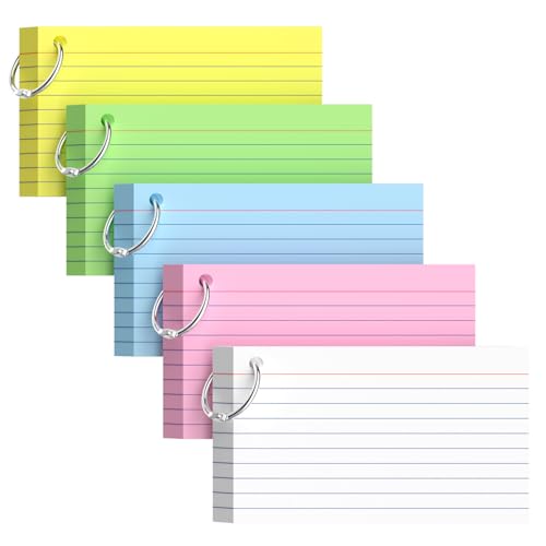 250-Pack Colored Index Cards 3x5 Inch w/Key Ring – 180gsm Heavyweight Flashcards – 5 Vibrant Colors Flash Cards (White Pink Blue Yellow Green) – Perfect for Study & Notes, Students School Supplies - color: White Pink Blue Green Yellow