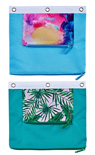 It's Academic Pencil Pouch for 3-Ring Binder, 2-Pockets with Zipper, for School Supplies, Large & Mini Pouch, Palm Tree & Watercolor Design, 2-Pack - color: Light Blue/Teal