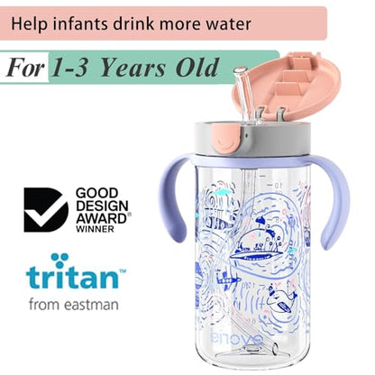 Evorie Tritan Spill Proof Toddler Straw Sippy Cup, 10 oz for Baby and Toddlers 1-3 Years Old, No Spill Straw Water Bottle with Removable Handles, Ideal for School, BPA-Free, Travel in Space - color: Travel in Space