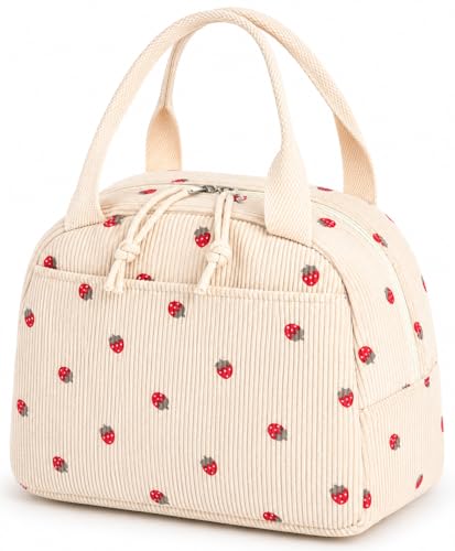 Bluboon Lunch Bag for Women Men Cute Corduroy Lunch Tote Bags Reusable Insulated Lunch Box Large Capacity Reusable Insulated Cooler for School Work or Travel - color: Corduroy strawberry, size: Medium (10L)