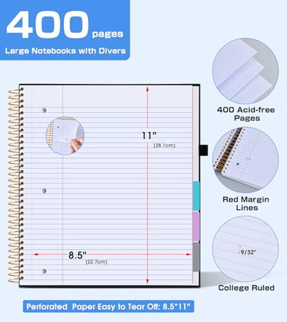 5 Subject Notebook College Ruled,80GSM Paper Thick Hardcover Spiral Notebook Lined Journal with Removable Dividers Tabs,400pages 8.5"x11" Paper Large Notebooks for School Work,3-Hole Punched, Black - color: Black
