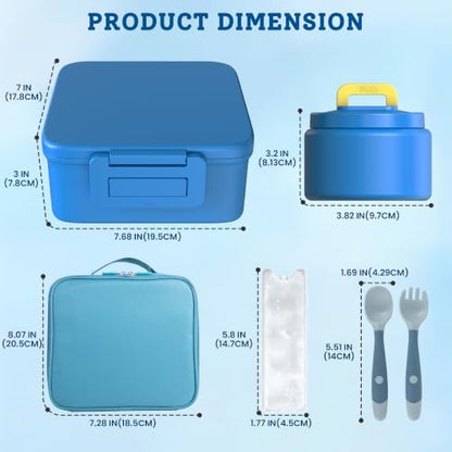MAISON HUIS Bento Lunch Box with 8oz Soup Thermo, 5-Compartment Leak-Proof Container, Thermo Hot Food Jar and Insulated Lunch Bag, BPA Free,Travel, School (Blue) - color: Blue1