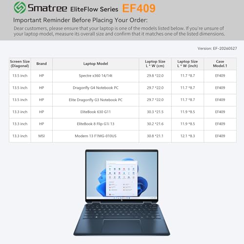 Smatree EliteFlow Laptop Sleeve for 13.5 inch HP Spectre x360 14/14t, for Dragonfly G4/Elite Dragonfly G3, for HP EliteBook 630 G11/EliteBook 8 Flip G1i 13, Protective Laptop Case with Pocket (EF409) - size: 2.07| for HP 13.5" Spectre/Elite/Dragonfly(EF40
