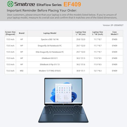 Smatree EliteFlow Laptop Sleeve for 13.5 inch HP Spectre x360 14/14t, for Dragonfly G4/Elite Dragonfly G3, for HP EliteBook 630 G11/EliteBook 8 Flip G1i 13, Protective Laptop Case with Pocket (EF409) - size: 2.07| for HP 13.5" Spectre/Elite/Dragonfly(EF40