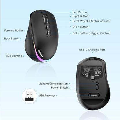 TECKNET Wireless Mouse Jiggler, Rechargeable Mouse with Built-in Mouse Mover, 6 Adjustable DPI,14 LED Modes, Silent Click,Undetectable Random Movement Keeps Computer Awake for Laptop/PC/Mac - Black - color: Black