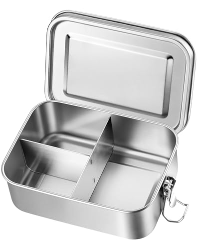 Leonyo 18/10 Stainless Steel Bento Box 28oz, 850ml Metal Lunch Box with Removable Divider, 3 Compartments Stainless Steel Food Snack Lunch Containers for Woman Man, Leak-Proof, Dishwasher Safe - size: 850ML