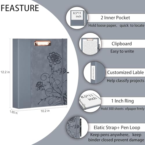 3 Ring Binder 1 Inch, Leather Binders with Clipboards, with 10 Pocket Divider(Grey, Letter Size) - color: Grey