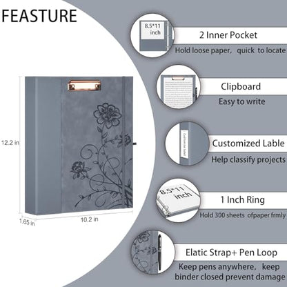 3 Ring Binder 1 Inch, Leather Binders with Clipboards, with 10 Pocket Divider(Grey, Letter Size) - color: Grey