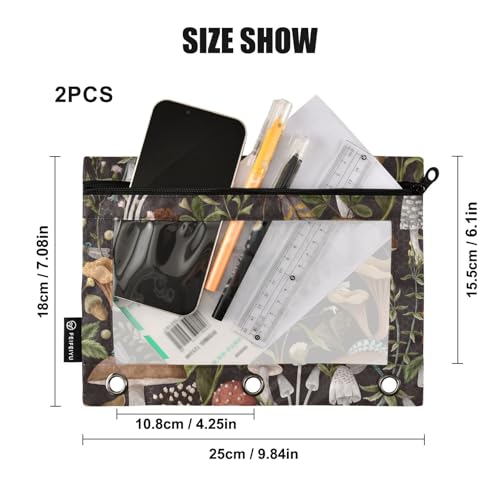 ZAZYXTJ Mushroom Binder Pencil Pouchs 3 Ring with Zipper Clear Window Office Organizers bag for School Students Teacher Supplies 2 Pack - color: Mushroom