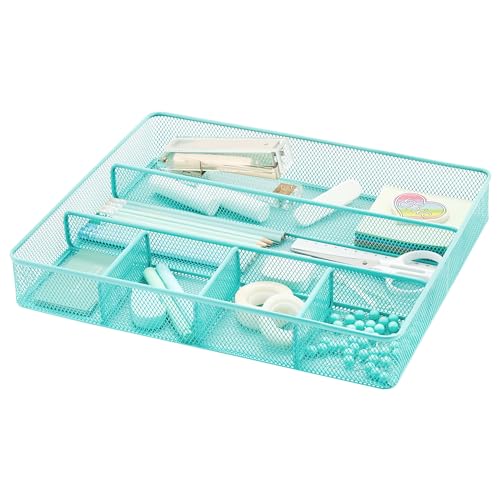Annova Desk Top Organizer Tray for Office Organization - Metal Mesh - Storage Tray with Dividers for Pens, Desktop Accessories, Bathroom, Kitchen, Makeup and Office Supplies (Large, Turquoise) - color: Turquoise, size: Large