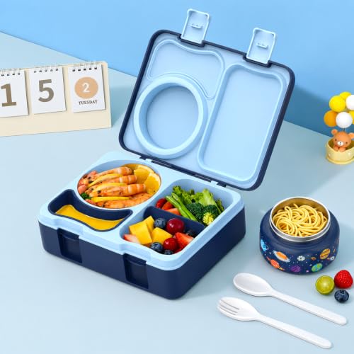 Kids Lunch Box with Thermo, Leakproof Bento Box for Kids with 8OZ Insulated Food Jar, Ice Pack, Sauce Cup, Utensils, Removable Tray & Dividers for School Daycare Travel (Space) - color: Space