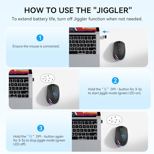 TECKNET Wireless Mouse Jiggler, Rechargeable Mouse with Built-in Mouse Mover, 6 Adjustable DPI,14 LED Modes, Silent Click,Undetectable Random Movement Keeps Computer Awake for Laptop/PC/Mac - Black - color: Black