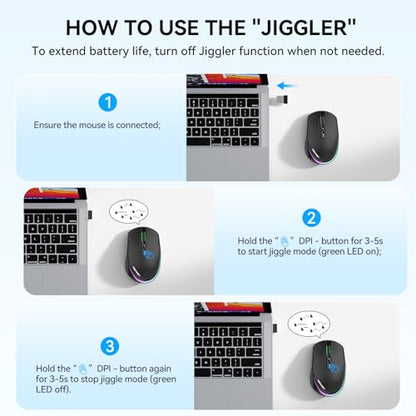 TECKNET Wireless Mouse Jiggler, Rechargeable Mouse with Built-in Mouse Mover, 6 Adjustable DPI,14 LED Modes, Silent Click,Undetectable Random Movement Keeps Computer Awake for Laptop/PC/Mac - Black - color: Black