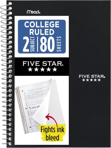 Five Star Spiral Notebook, 2 Subject, College Ruled Paper, 6" x 9-1/2", 80 Sheets, Fights Ink Bleed, Water Resistant Cover, Black (840029AA2-ECM), (Pack of 12) - color: Black, size: Pack of 12
