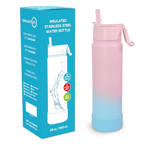 CHILLOUT LIFE 22oz Insulated Stainless Steel Water Bottle with Leak Proof Straw Lid & 144 Stickers - color: Cotton Candy, style: 22 oz