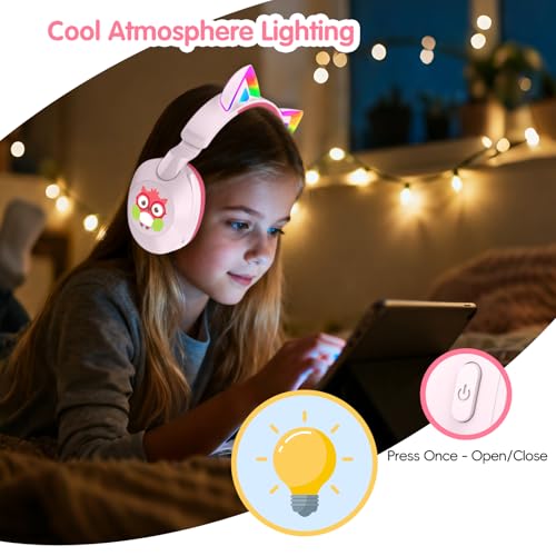 LOBKIN Kids Headphones with Microphone Bluetooth 6.0, Toddler Headphones LED Ligh Rotatable Foldable Sensitive Mic Adjustable 85/94dB Volume Limit Real-time Audio Feedback for Boys Girls Online School
