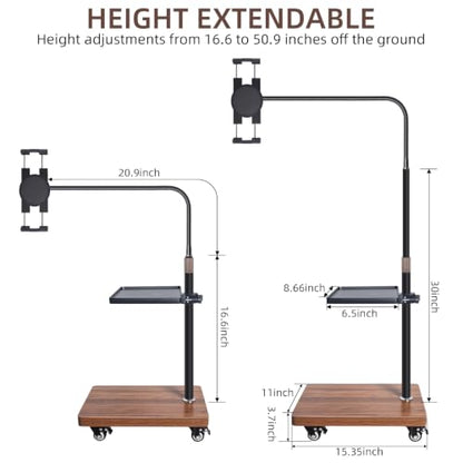Rolling Tablet Holder Stand Adjustable Height & 360° Rotatable | 6.6LB Wood Base Mobile Tablet Mount, for Bed, Couch, Workout, Compatible with iPad Pro/Air/Mini, Phone (4.7-13")
