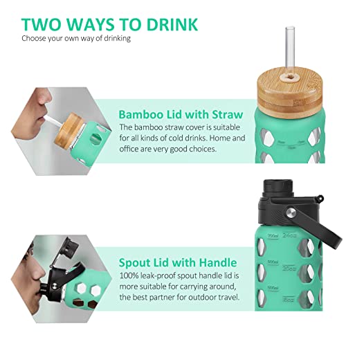 MUKOKO 24oz Glass Water Bottle, Green | Glass Tumbler with Straw, Drinking Bottles with 2 Lids-Handle Spout Lid & Bamboo Straw Lid, Silicone Sleeve, 1 Pack - color: Green, size: 24 Ounces