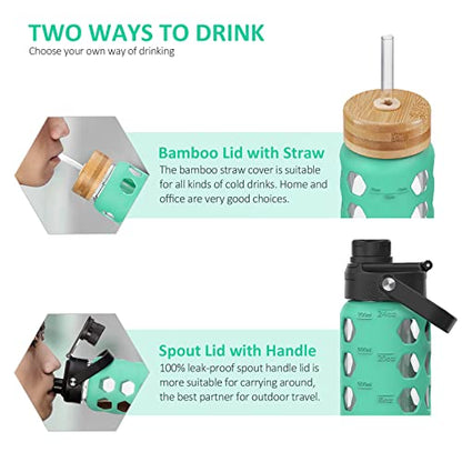 MUKOKO 24oz Glass Water Bottle, Green | Glass Tumbler with Straw, Drinking Bottles with 2 Lids-Handle Spout Lid & Bamboo Straw Lid, Silicone Sleeve, 1 Pack - color: Green, size: 24 Ounces