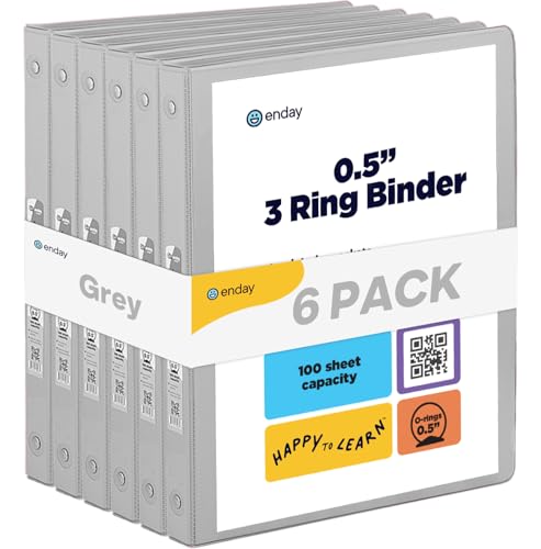Enday 1/2 inch Binder 3 Ring Binder (6 Pack - Grey) O-Ring Binder with Clear View Cover and 2 Inside Pocket - for Letter Size 8.5 x 11'' Paper, Ideal for School Supplies, Office, and Home - color: Grey, size: 0.5-Inch