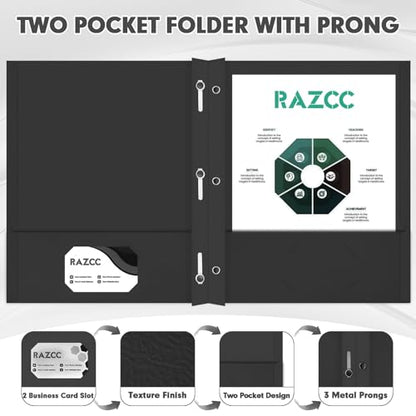 Two Pocket Folders, RAZCC 75 Pack Two Pocket Folders with Prongs, 3 Prong Folders Fit Letter Size Paper, Pocket File Folders for School Office Home Business, Black - color: Black