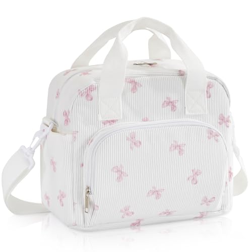 Large Lunch Bag for Women Insulated Lunch Box Reusable Cooler Bag Portable Cute Corduroy Leakproof Tote Bags for Travel, Work, and Picnic, Pink Bow - color: Pink Bow, size: L