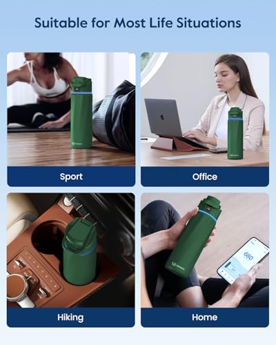 WaterH BOOST Smart Water Bottle Tracker with Reminder to Drink Water, 24oz | BPA-Free Double Wall Vacuum Insulated Stainless Steel, Leakproof, Smart App Tracking, Fits Cup Holders, Wide Mouth for School - color: Emerald Green, size: 24 Ounces