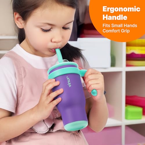 VINUR Kids Insulated Tumbler with Lid and Straw 17 oz-Spill Proof& Leak Resistant-Stainless Steel Vacuum Tumbler Travel Mug with Handle & Silicone Base-Cup Holder Friendly, Purple - color: Purple, size: 17 Ounces