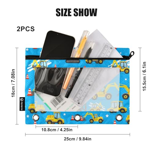 Binder Pouches 3 Ring for Boys Girls Cute Car Excavator Blue Zipper Pencil Pouches Case Bag with Clear Window School College Office Supplies 2 Pack - color: Car