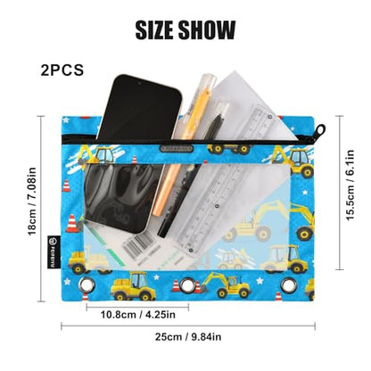 Binder Pouches 3 Ring for Boys Girls Cute Car Excavator Blue Zipper Pencil Pouches Case Bag with Clear Window School College Office Supplies 2 Pack - color: Car