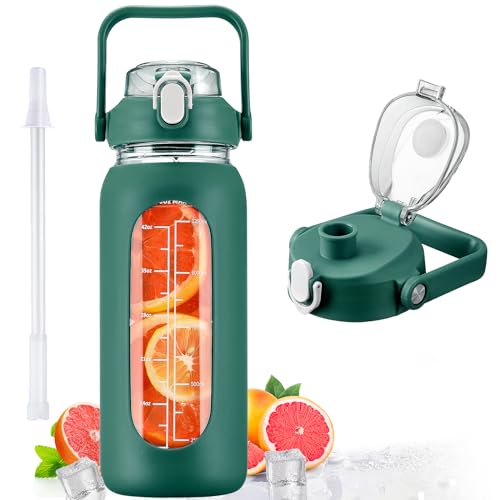 56oz Glass Water Bottles with Straw, Motivational Glass Bottle with Silicone Sleeve and Time Marker, Leakproof Large Glass Water Jug for Gym Home Office,Ink green - color: Ink green, size: 56 Ounces