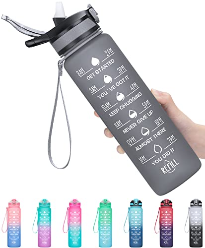 32oz Leakproof Motivational Sports Water Bottle with Straw & Time Marker, Flip Top Durable BPA Free Tritan Non-Toxic Frosted Bottle Perfect for Office, School, Gym - color: Graphite