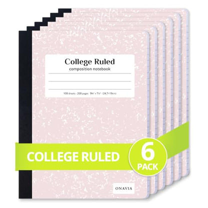 ONAVIA Pink Composition Notebook College Ruled 6 Pack, 200 Pages | 100 ct, 9.75 x 7.5 in, Durable Comp Book, School Notebooks, Students, Note Taking, Writing, Teachers - color: Pink, style: 6 Pack