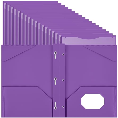 Henoyso 48 Pcs Plastic Folder with Clear Front Pocket and 3 Prongs Heavy Duty Plastic Folders with Card Slot Pocket Folders with Prongs for School Office Home(Purple) - color: Purple