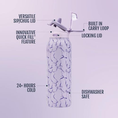 Ello Pop & Fill Insulated Stainless Steel Water Bottle with Quick Fill Lid, Leakproof Locking, Sip or Chug Spout, BPA-Free, Double Wall Vacuum Insulated for Sports, Travel & School- 22oz / 32oz / 40oz - color: Take a Bow, style: 32oz