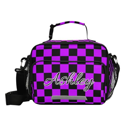Custom Student Lunch Bag for Boys Girls Purple Black Checkerboard Personalized Lunch Box With Name Insulated Cooler Bag for School Picnic Travel - color: Multi07