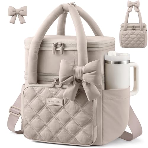 LOVEVOOK Insulated Lunch Bag Women,Expandable Double Deck Adult Lunch Box Women with Cup Holder,Bow Quilted Puffer Lunch Tote,Large Leakproof Collapsible Cooler Bag for Work College Picnic Meal Prep - color: Nude color, size: X Large —22L