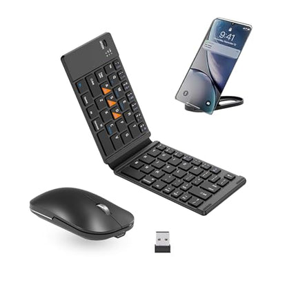 Foldable Keyboard and Mouse, Folding Bluetooth Keyboard Mouse Combo, BT5.0/BT3.0/2.4G, USB-C Rechargeable Portable Combo for Travel and for Laptop iPads Tablets iOS Andorid- Black Upgrade