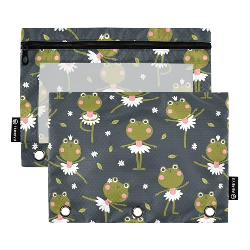 Cute Ballerina Frogs Tutus Pencil Pouch for 3 Ring Binder, Three Hole Pencil Case for Binder Bulk Pencil Bag with Clear Window and Zipper for Office School College, 2 Pack - color: Multicolor 16