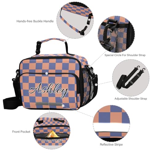 Custom Student Lunch Bag for Boys Girls Orange Blue Checkered Personalized Lunch Box With Name Insulated Cooler Bag for School Picnic Travel - color: Multi12
