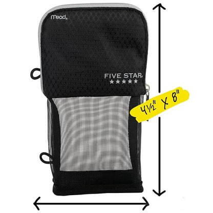 Five Star Pencil Pouch, Pen Case, Stand 'N Store Zipper Pouch, Fits 3-Ring Binder, Storage Organizer for Supplies Earbuds Chargers Cables Makeup, Black/Grey (505160A-ECM) - size: 2" x 4-1/2" x 8"