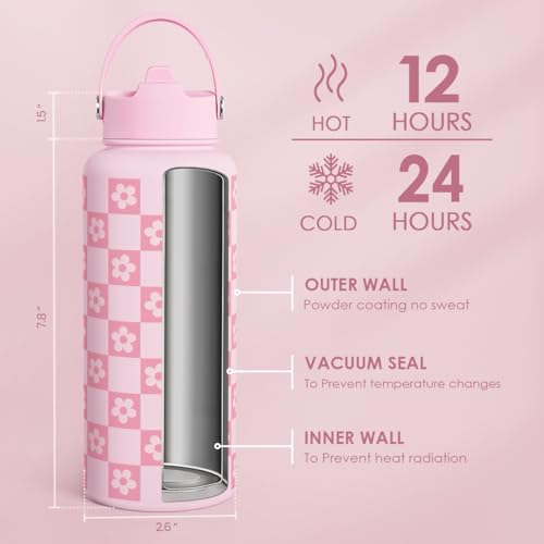 SANDJEST Checker Daisy Water Bottle 32oz Stainless Steel with Lid & Straw, Checkerboard Insulated Bottles Gifts for Women Girls Friends, Gift Idea for Birthday Christmas - color: Checker Daisy