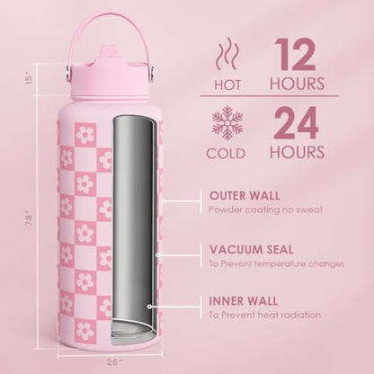 SANDJEST Checker Daisy Water Bottle 32oz Stainless Steel with Lid & Straw, Checkerboard Insulated Bottles Gifts for Women Girls Friends, Gift Idea for Birthday Christmas - color: Checker Daisy