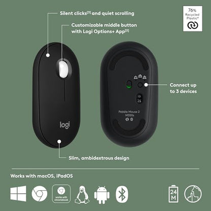 Logitech M350s Pebble 2 Bluetooth Wireless Mouse - Black | Slim, portable, lightweight, customizable button, quiet clicks, easy-switch for Windows, macOS, iPadOS, Android, Chrome OS - color: Black