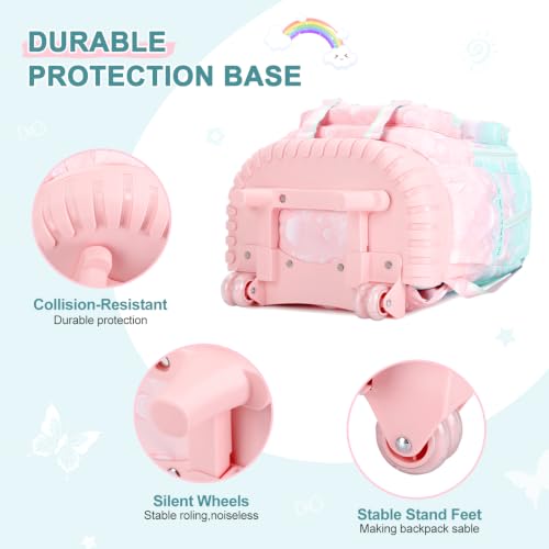 Scothen Rolling Backpack for Girls, 3PCS Roller School Backpacks for Girls with Lunch Bag and Pencil Pouch, Kids Bookbag Schoolbag with Wheels for Teen Girl Kindergarten Elementary Middle School - color: Green Pink