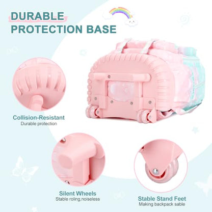 Scothen Rolling Backpack for Girls, 3PCS Roller School Backpacks for Girls with Lunch Bag and Pencil Pouch, Kids Bookbag Schoolbag with Wheels for Teen Girl Kindergarten Elementary Middle School - color: Green Pink