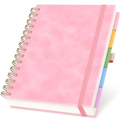 Hardcover Leather Lined Spiral Notebook 8x10" with Removable Dividers - Pink - 300 Pages 5 Subject College Ruled Notebook for Work with Tabs, Pockets, and Pen Loop for Note Taking, Large Journal - color: Pink