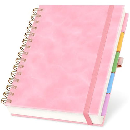 Hardcover Leather Lined Spiral Notebook 8x10" with Removable Dividers - Pink - 300 Pages 5 Subject College Ruled Notebook for Work with Tabs, Pockets, and Pen Loop for Note Taking, Large Journal - color: Pink