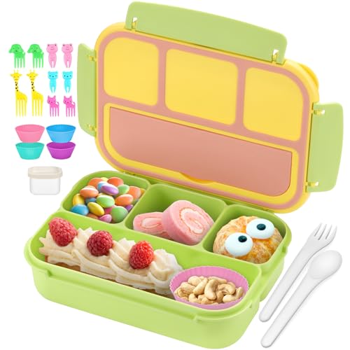 QQKO Bento Box for Kids Adults, School Toddler Lunch Box for Boys Girls, Lunch Box Containers with 4 Compartments, Sauce Container, Utensils, Food Picks and Muffin Cups for School, Pink Yellow Green - color: Pink Yellow Green